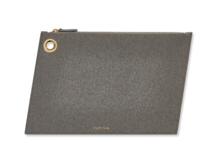 Grey Italian Leather Large Pouch Clutch