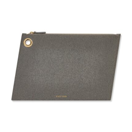 Grey Italian Leather Large Pouch Clutch