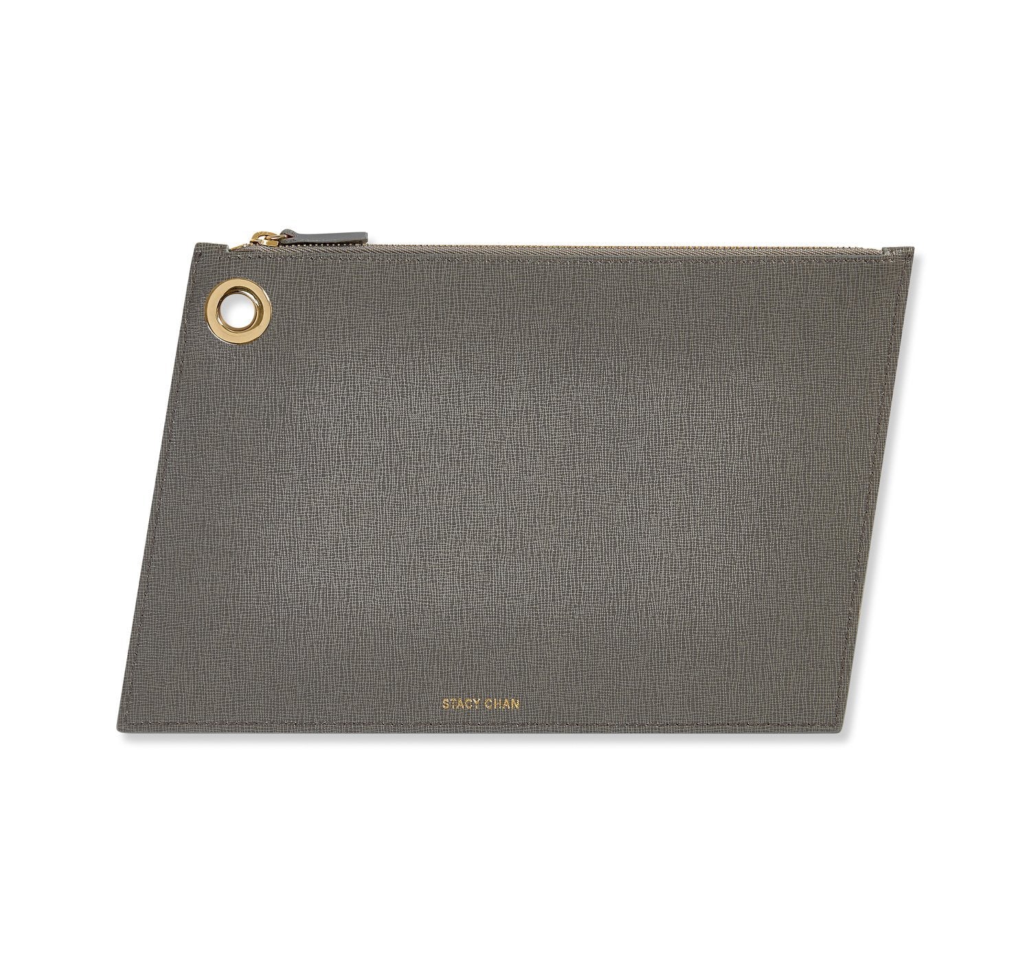 Grey Italian Leather Large Pouch Clutch