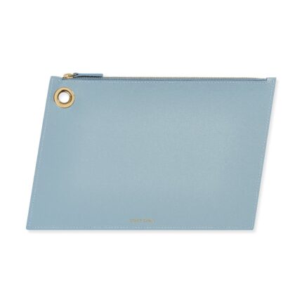 Powder Light Blue Italian Leather Large Pouch Clutch