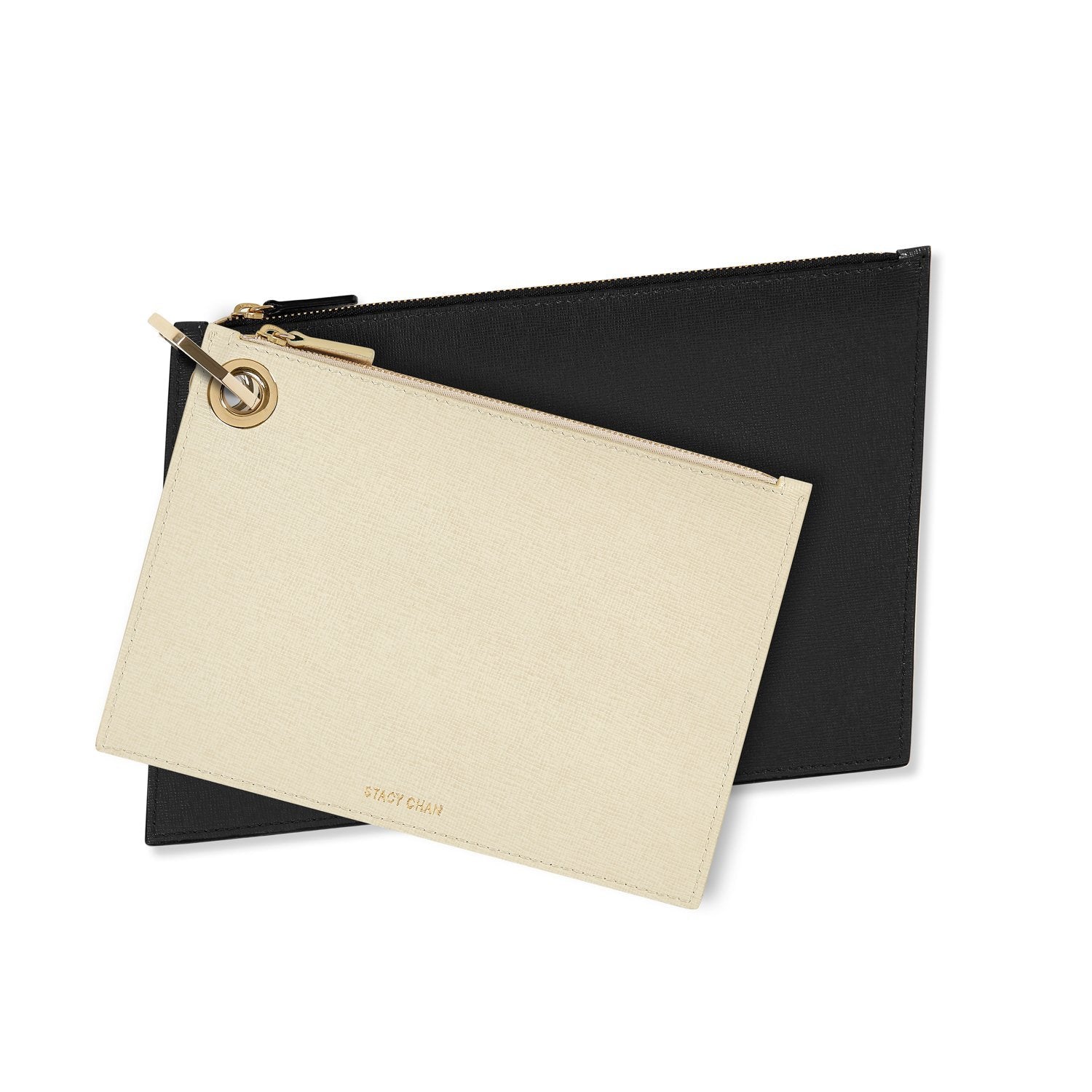 Cream & Black Leather Pouch Clutch Set