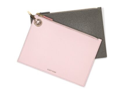 Pink & Grey Leather Medium Pouch Clutch Set