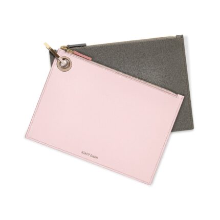 Pink & Grey Leather Medium Pouch Clutch Set