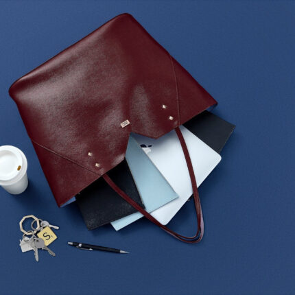 Burgundy Leather Work Tote Bag with Black & Powder Blue Pouch Set