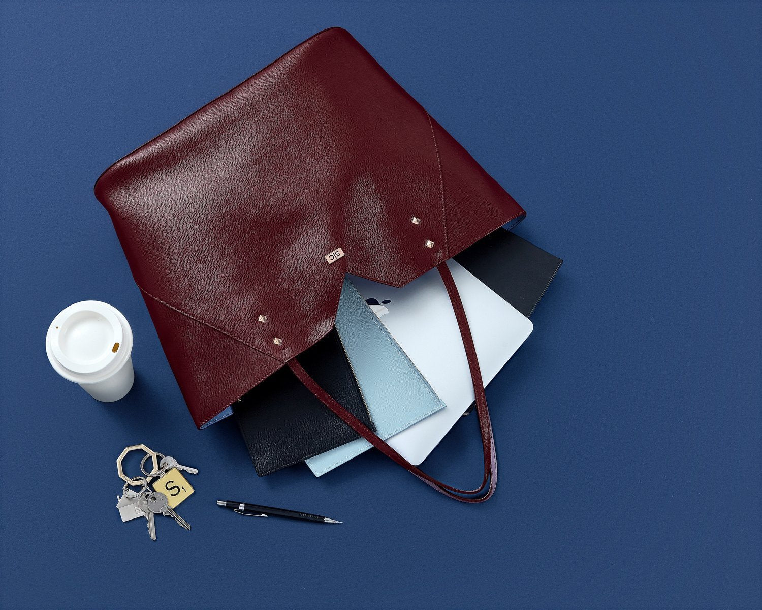 Burgundy Leather Work Tote Bag with Black & Powder Blue Pouch Set