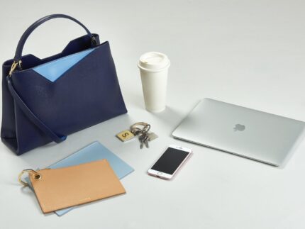 Navy Blue Leather Midi Work Bag with Nude & Powder Blue Pouch Set
