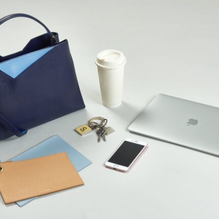 Navy Blue Leather Midi Work Bag with Nude & Powder Blue Pouch Set
