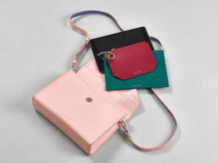 Pink Leather Cross Body with Teal & Fuchsia Pouch Set