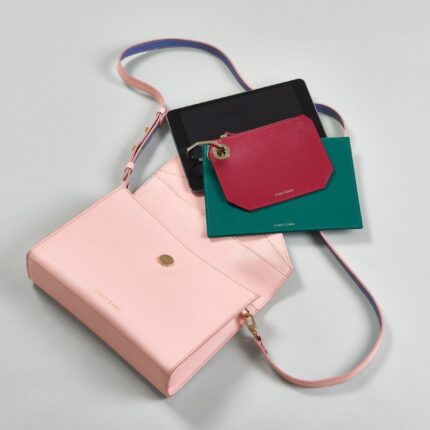Pink Leather Cross Body with Teal & Fuchsia Pouch Set