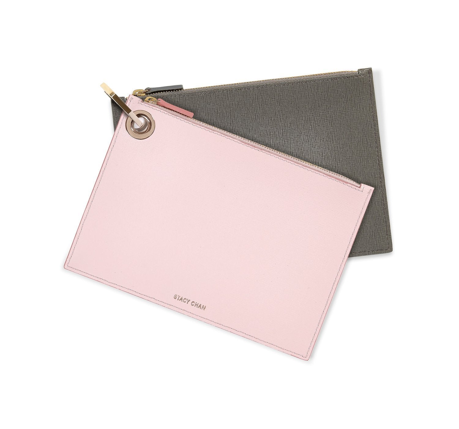 Pink & Grey Leather Medium Pouch Clutch Set