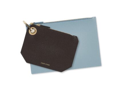 Brown & Powder Blue Italian Leather Pouch Set Coin Purses