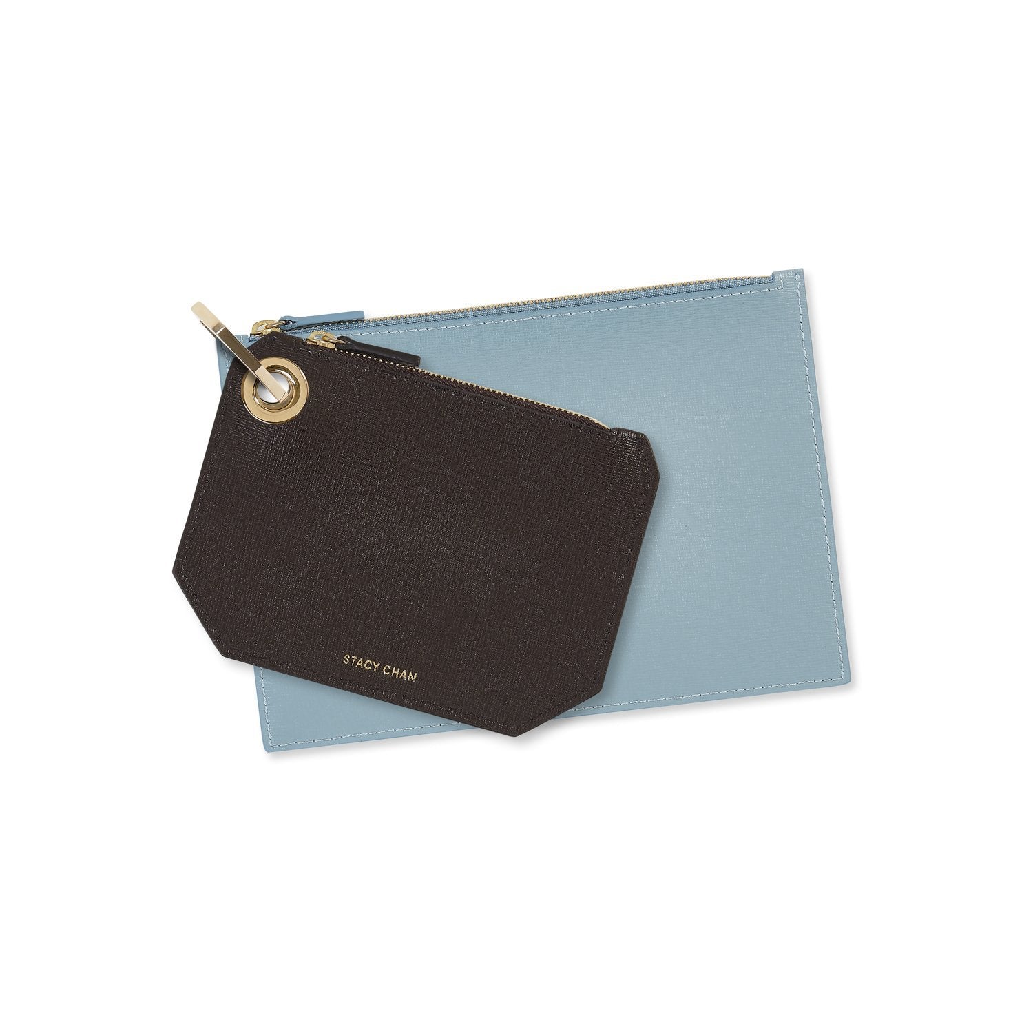 Brown & Powder Blue Italian Leather Pouch Set Coin Purses