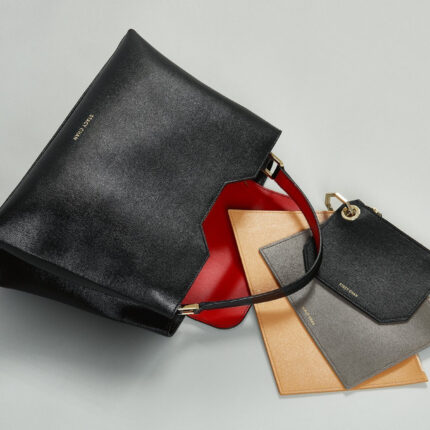 Black Italian Leather Handbag with Grey & Nude Pouch Set