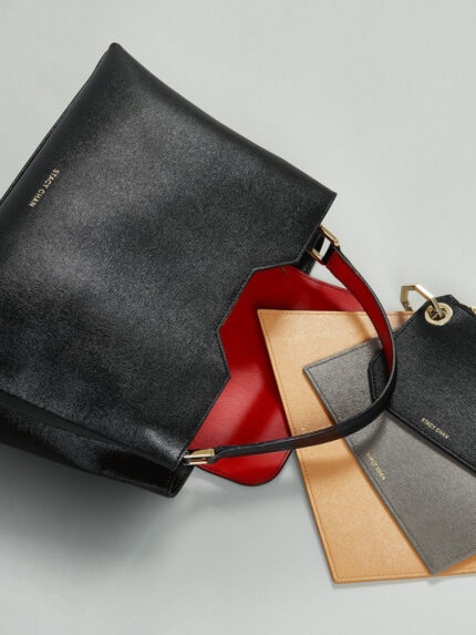 Black Italian Leather Handbag with Grey & Nude Pouch Set