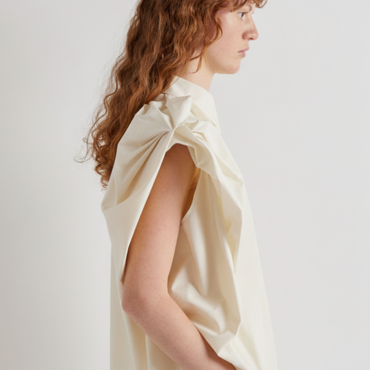Meimeij Cream Asymmetric Cap Sleeve Shirt
